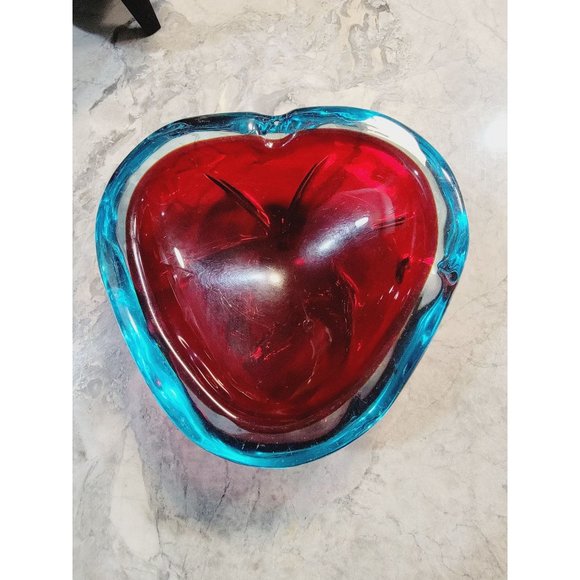 Unknown Other - Vintage MCM Murano Glass Ashtray Blue Red Beautiful  Heavy!